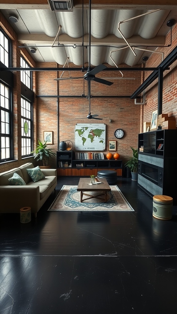 A vintage industrial living room featuring exposed brick walls, large windows, black flooring, and stylish furniture.