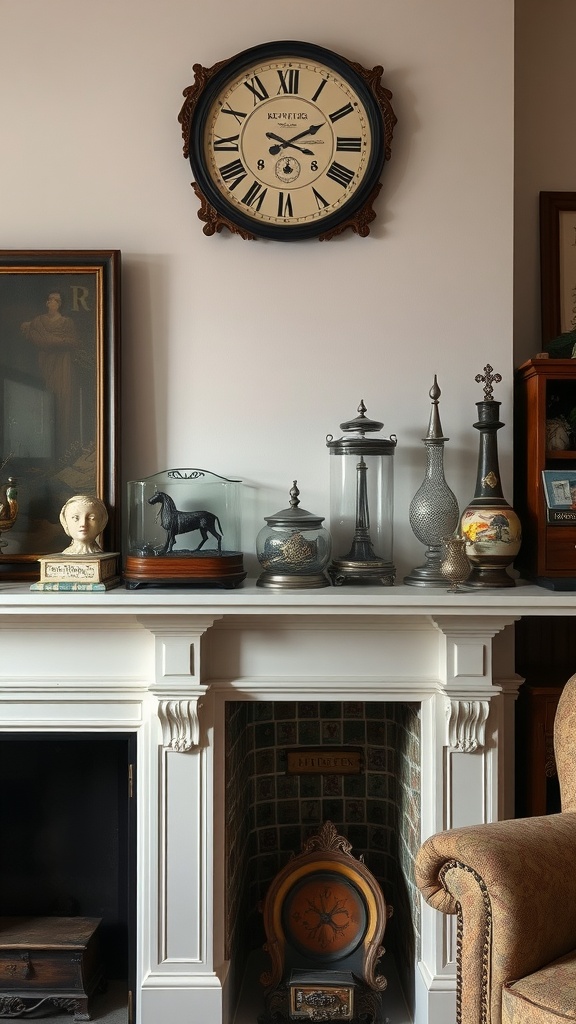 A vintage living room showcasing a decorative mantelpiece with an ornate clock, glass displays, and various knick-knacks.