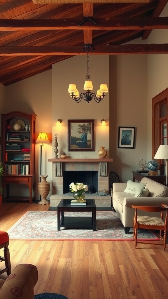 Cozy living room with vintage lighting accents, including a chandelier and floor lamp, showcasing warm tones and a classic decor style.