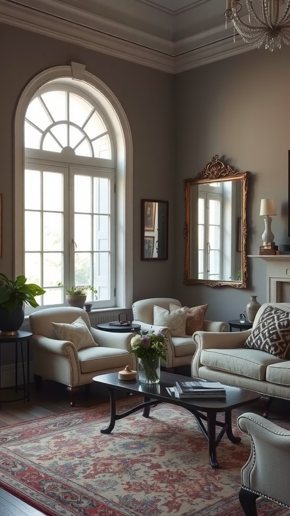 A cozy living room featuring vintage mirrors, stylish furniture, and natural light.