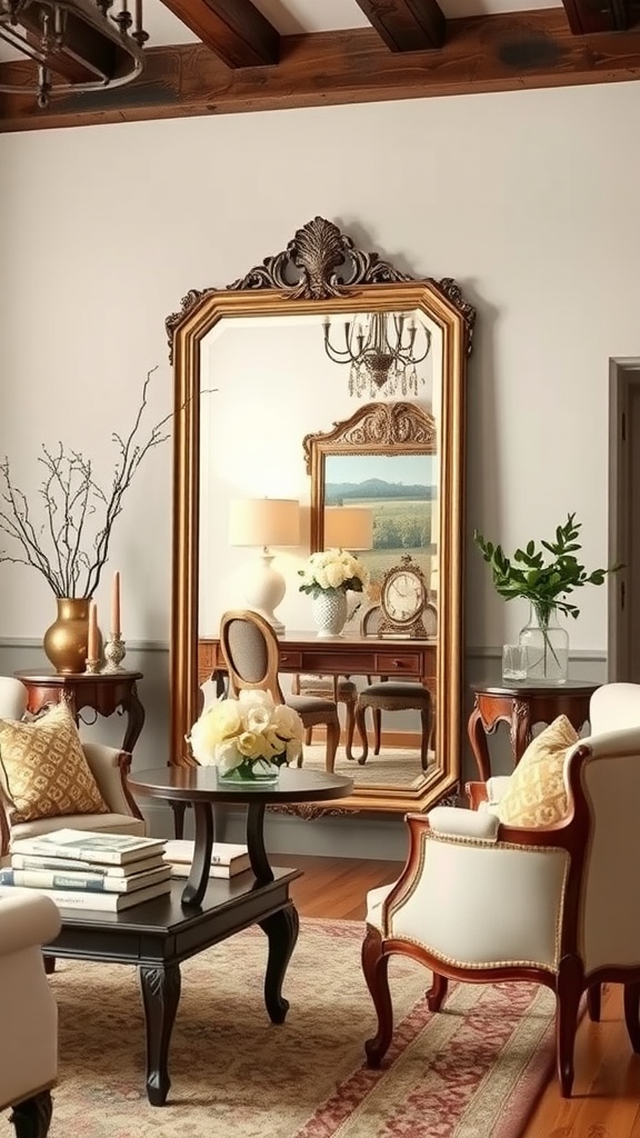 A vintage ornate mirror reflecting a warm French country living room with classic furniture and decorative elements.