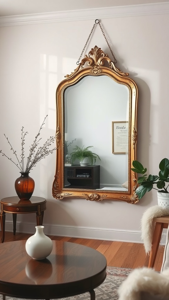 A vintage golden mirror hanging on a wall, reflecting a living room with a vase and plant.