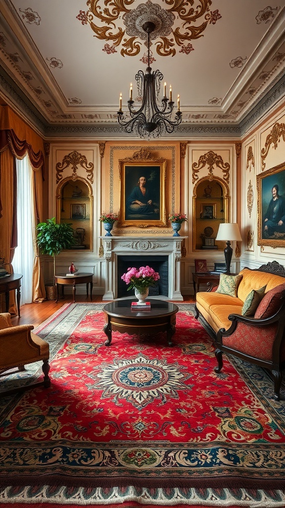 A living room featuring a vintage Persian rug with intricate designs and rich colors, elegant furniture, and classic decorative elements.