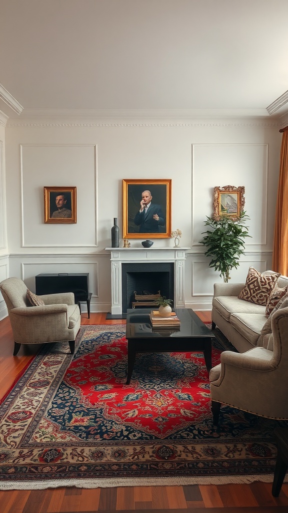 A living room featuring a vintage Persian rug, elegant furniture, and vintage portraits on the wall.