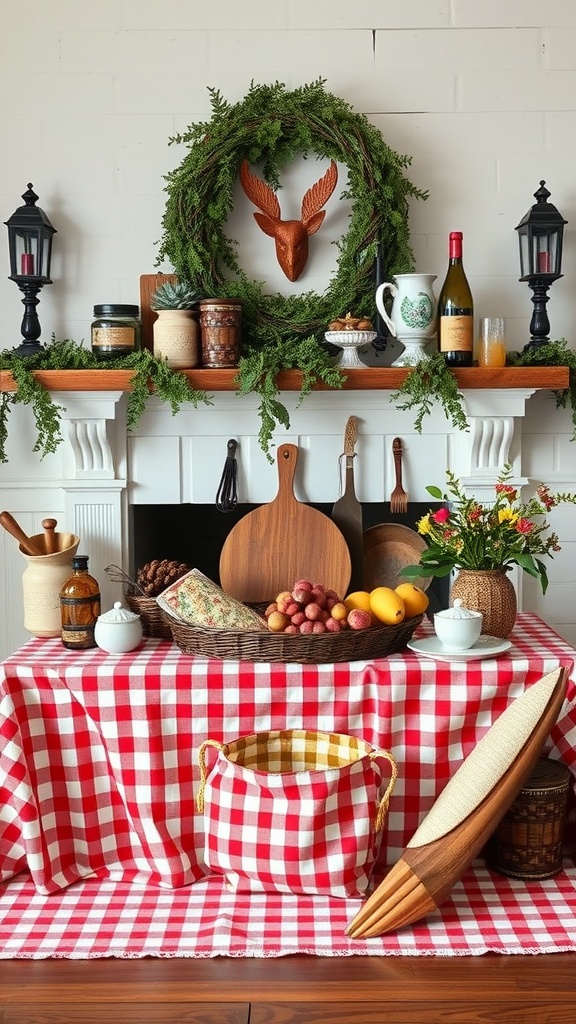 A vintage picnic setup with a red and white checkered tablecloth, a greenery-adorned mantel, and an assortment of jars, fruits, and wooden items.