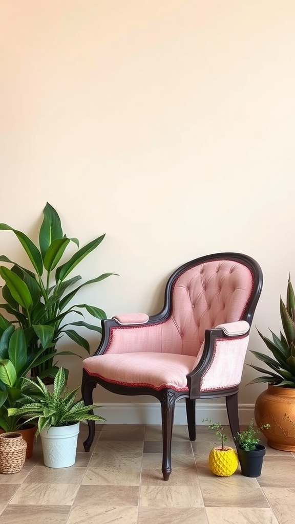 A vintage pink armchair with a dark wood frame, surrounded by various plants and pots.