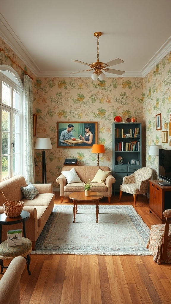 A cozy vintage-inspired living room featuring floral wallpaper, wooden furniture, and a warm atmosphere.