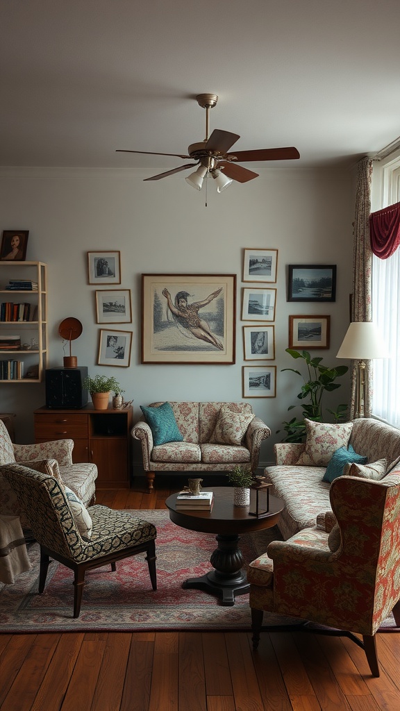 Cozy vintage style living room with patterned furniture, classic art on the walls, and wooden flooring.