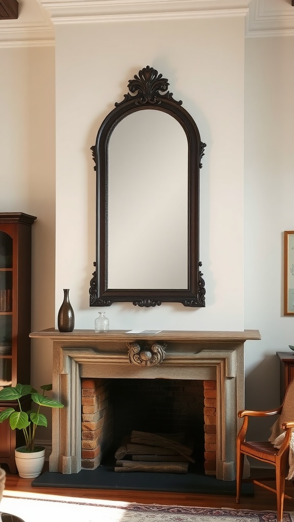 A vintage styled mirror with an ornate dark frame above a rustic fireplace.