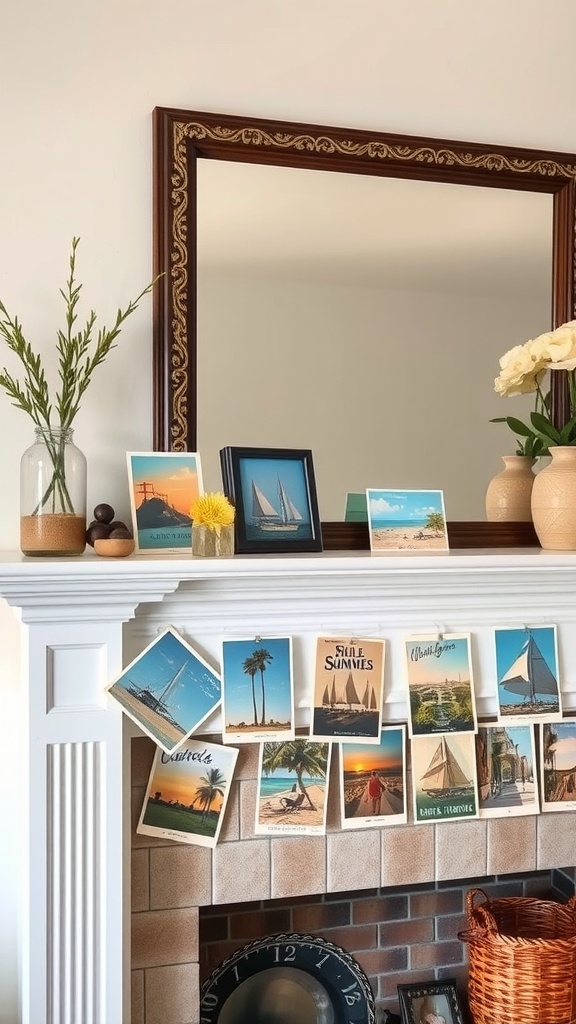 A stylish mantel decorated with vintage summer postcards, flowers, and a mirror.