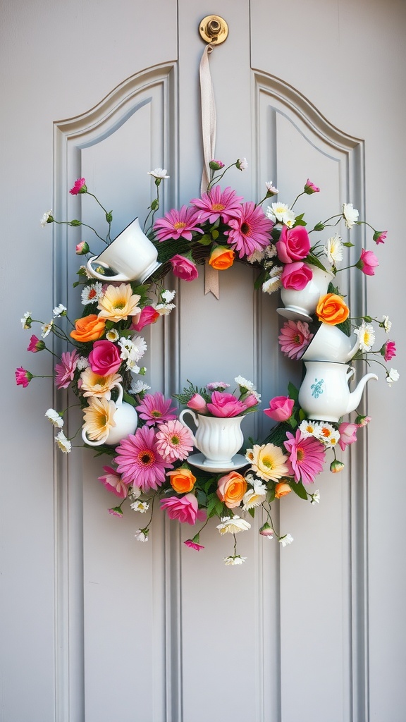 A vintage teacup wreath adorned with colorful flowers, hanging on a door.