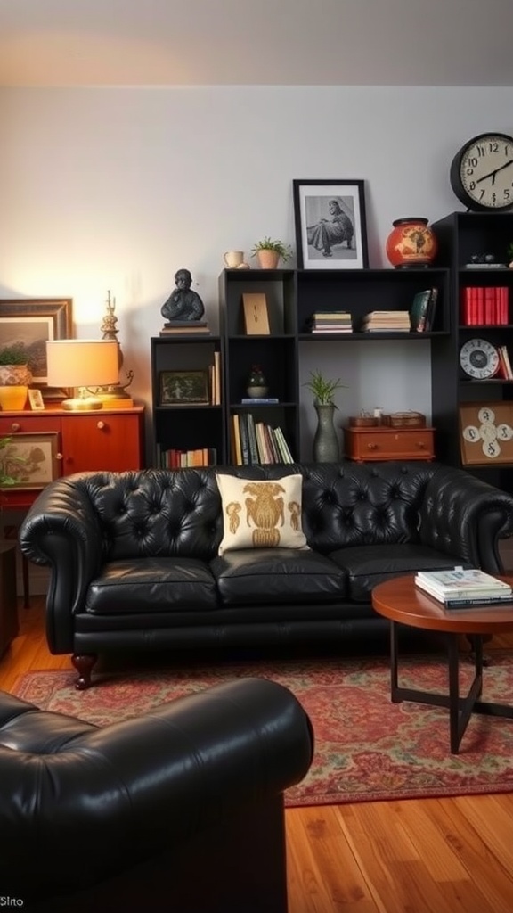 Living room featuring a black leather couch, vintage decor, and warm lighting.