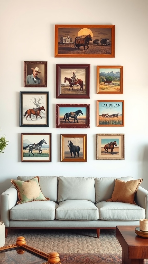 A vintage Western art display featuring various framed images of horses and cowboys on a living room wall.