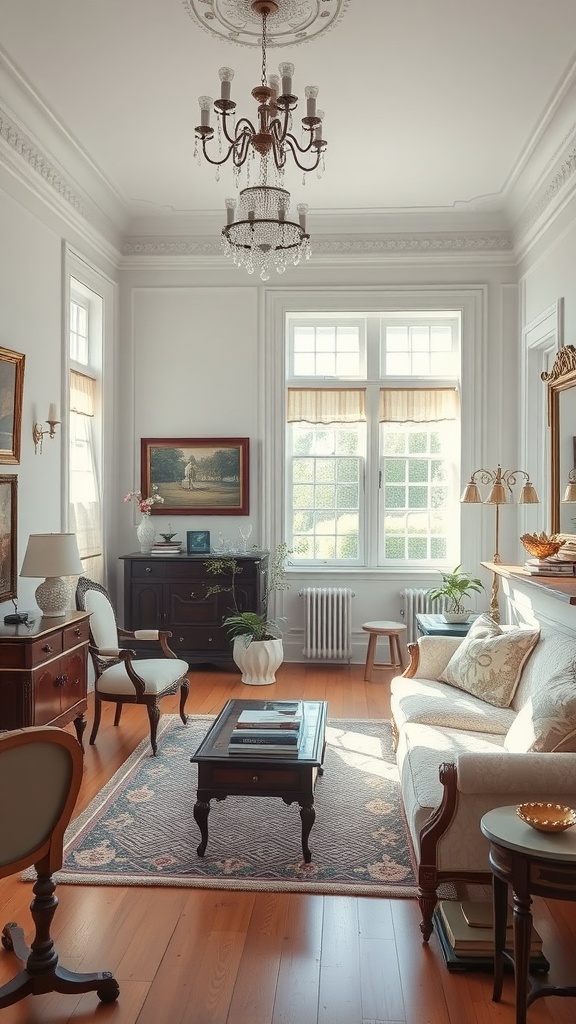 A vintage-style white living room with elegant furniture, large windows, and a chandelier.