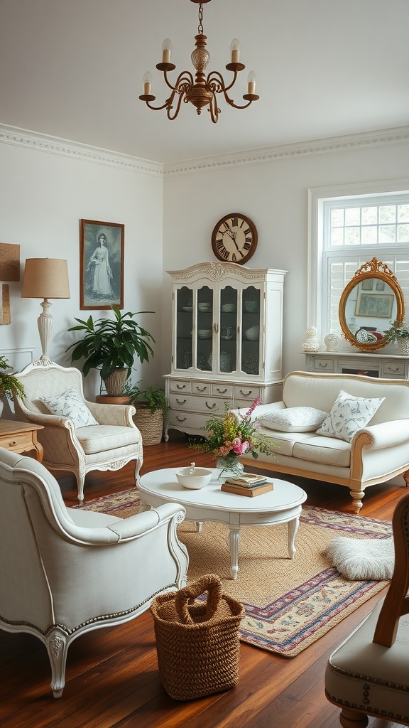 A cozy living room featuring vintage white furniture, including chairs and a sofa, with a warm wooden floor and decorative elements.