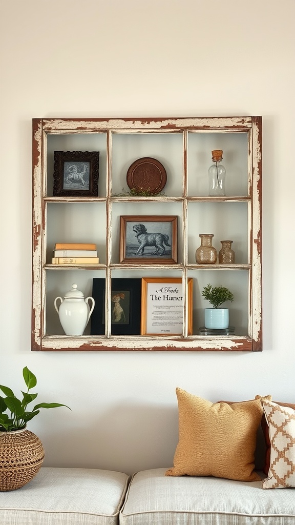 A vintage window frame display featuring decorative items like framed pictures and vases