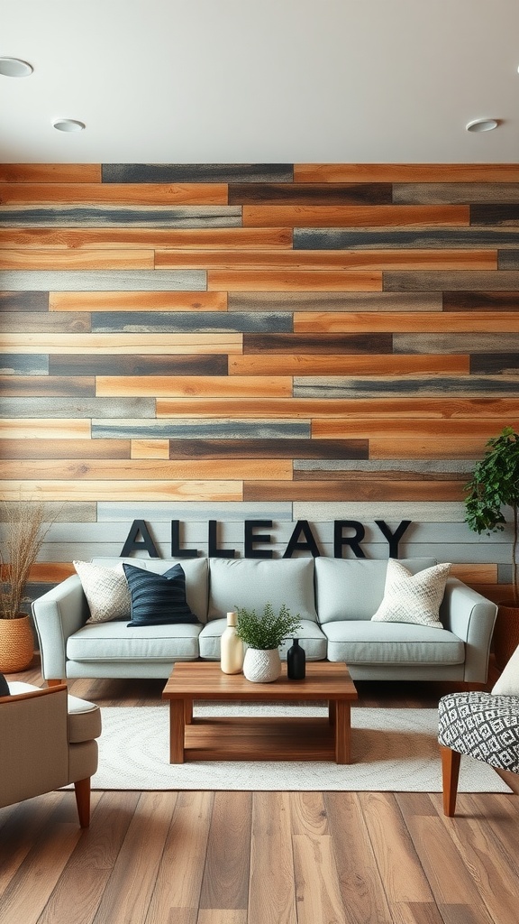 Living room with a vintage wood pallet accent wall and modern furnishings