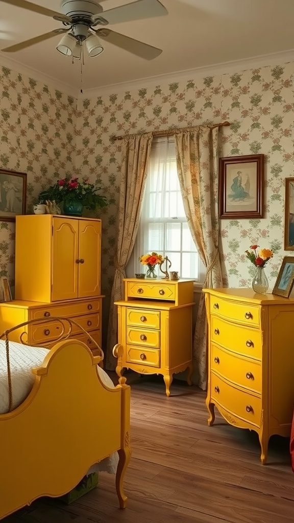 A vintage yellow bedroom with yellow furniture, floral wallpaper, and soft curtains