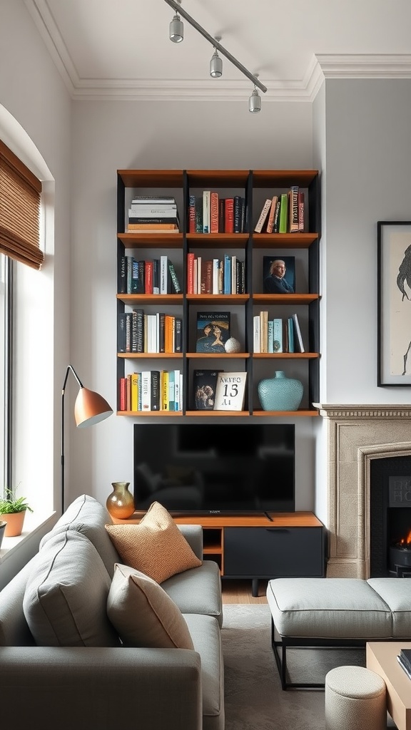 A modern living room featuring a stylish wall-mounted bookshelf filled with books and decorative items.