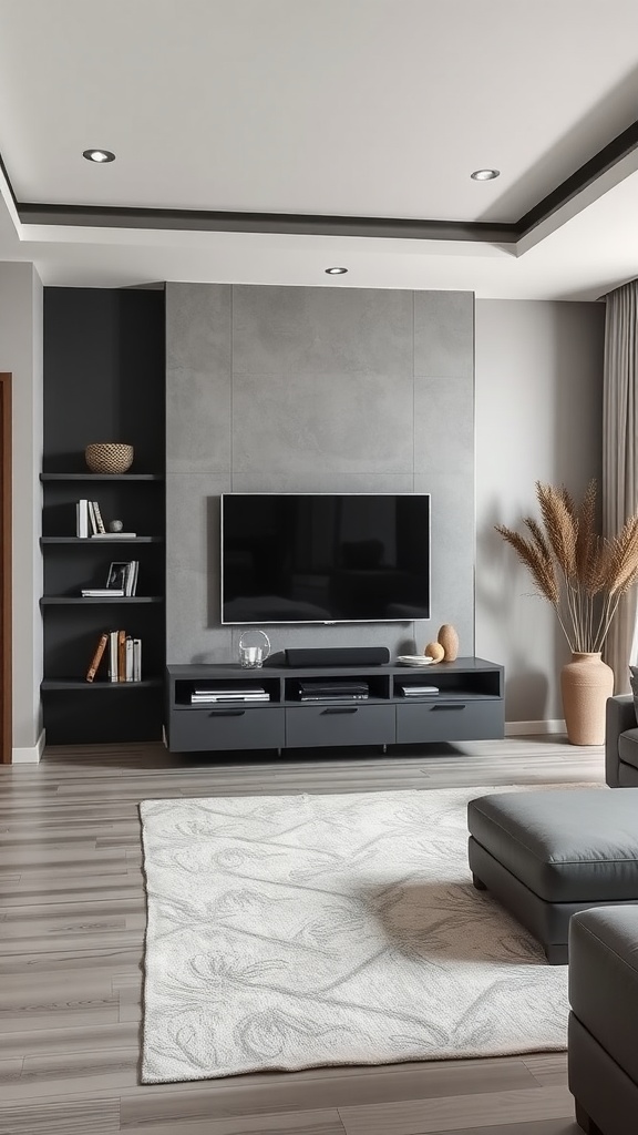 A modern living room featuring a wall-mounted entertainment unit with a television, shelves, and decorative elements.