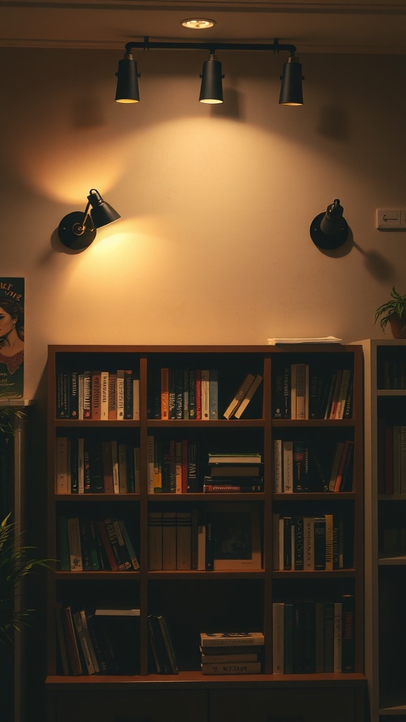 Wall-mounted light fixtures illuminating a bookshelf