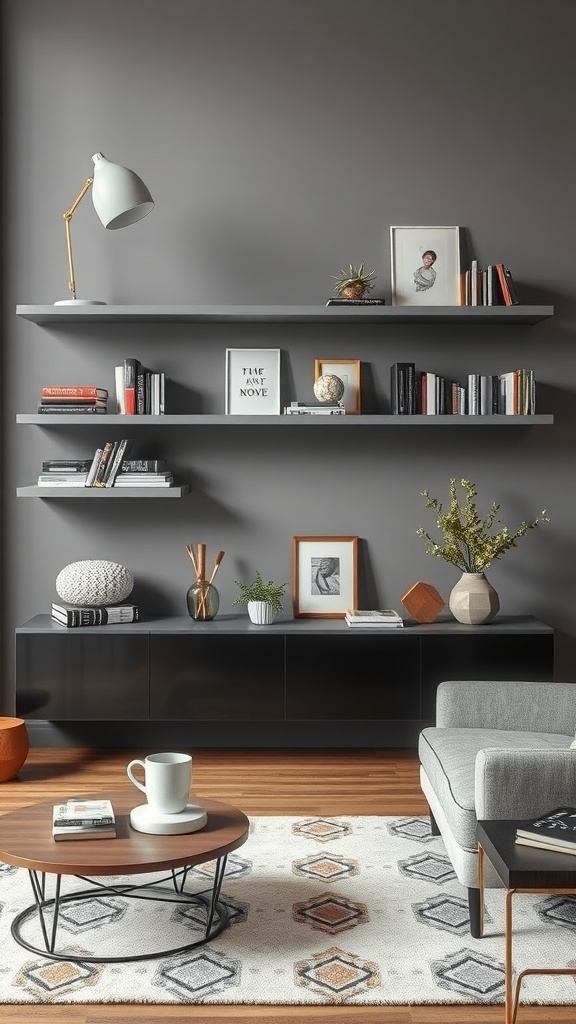 Living room featuring wall-mounted grey shelves displaying books, plants, and decorative items.