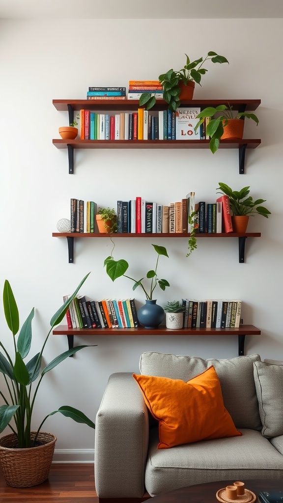 A cozy living room featuring wall-mounted shelves filled with books and plants, with a sofa and an orange pillow in the foreground.