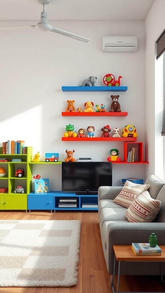 Colorful wall-mounted shelves displaying toys in a bright living room