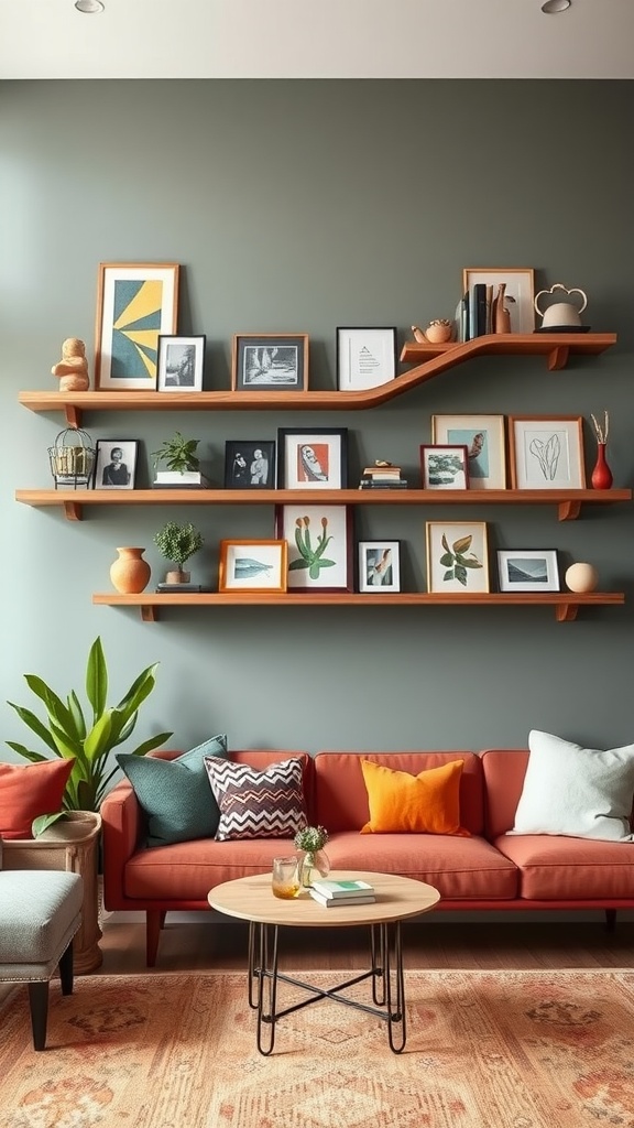 A living room with a stylish wall-mounted shelf displaying framed art and plants above an orange sofa.