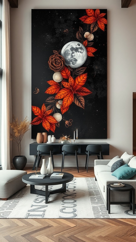 A living room featuring a large wall art piece with orange leaves and a moon against a black background, complemented by modern furniture.