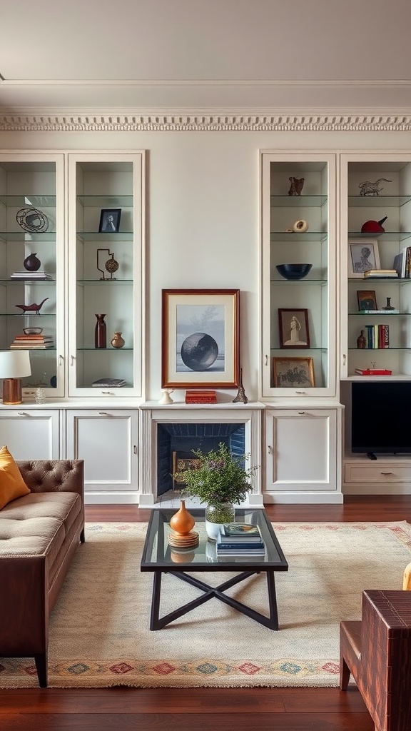 Living room with wall cabinets featuring glass doors, displaying decorative items and books.