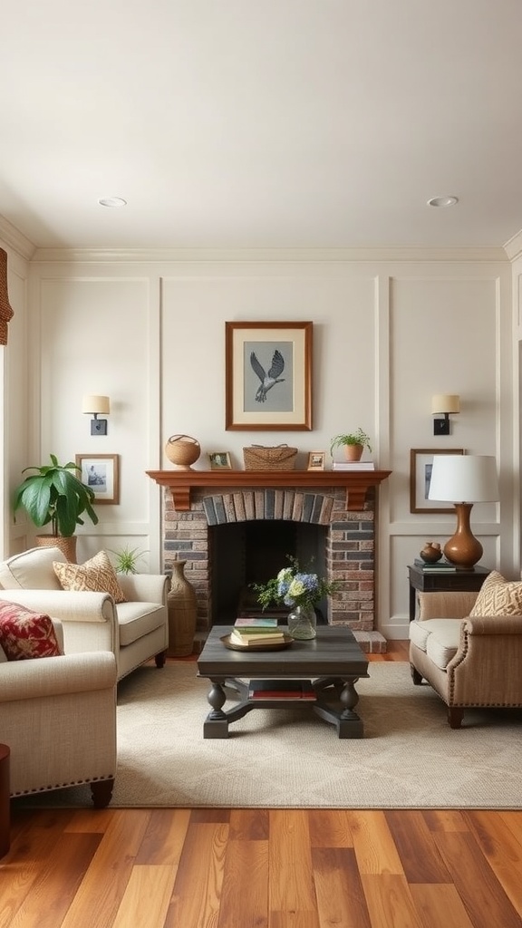 Cozy living room featuring wall paneling and wainscoting, with a fireplace and comfortable seating.