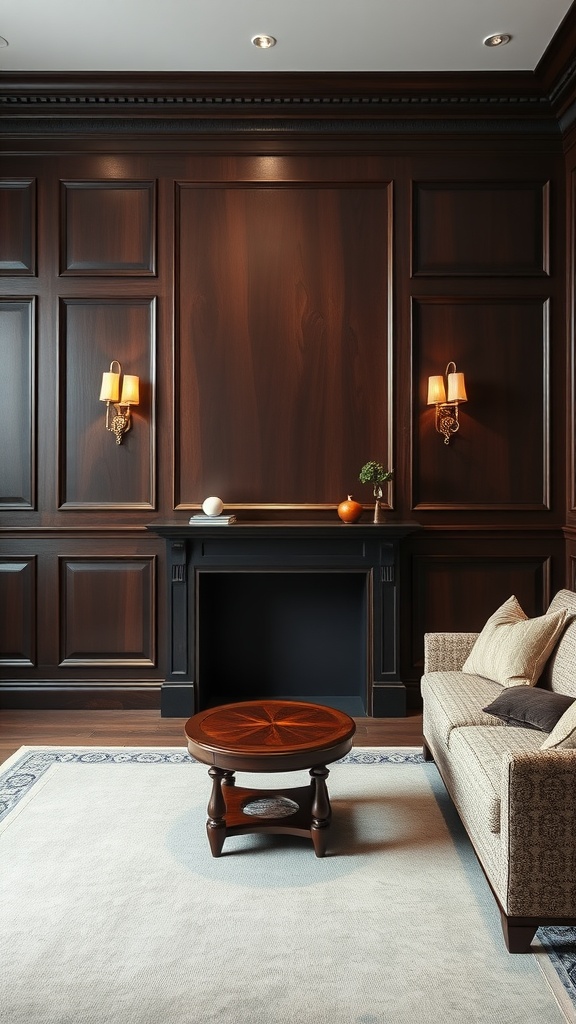 Elegant old English living room featuring dark wood wall paneling, classic sconces, and a round coffee table.