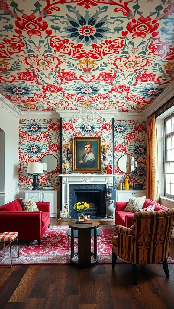 A vibrant living room featuring a wallpapered ceiling with floral patterns, red sofas, and a classic fireplace.