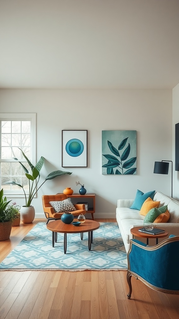 A living room featuring a mix of blue and green colors, with warm accents and plants, creating a balanced atmosphere.