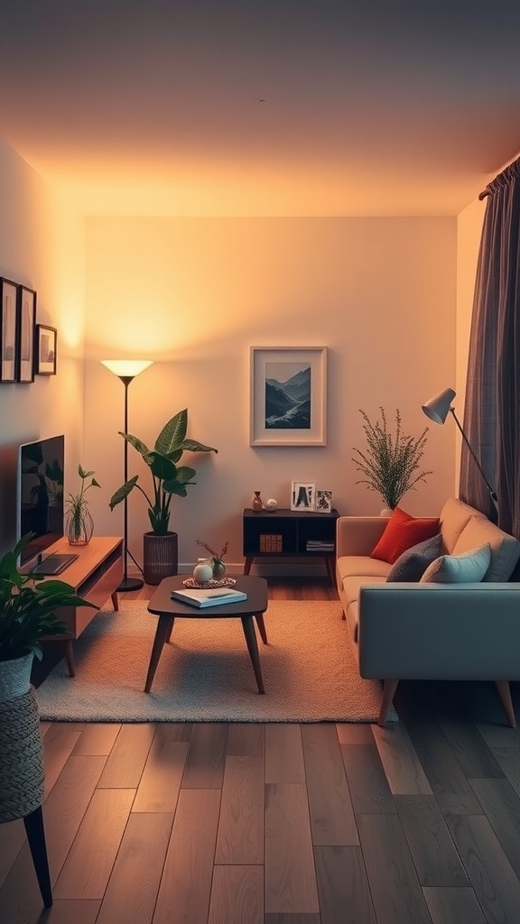 Cozy living room with warm lighting, plants, and inviting decor