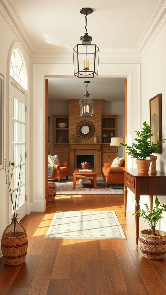 A warm and inviting entryway leading to a cozy living room with wooden flooring, potted plants, and stylish lighting.