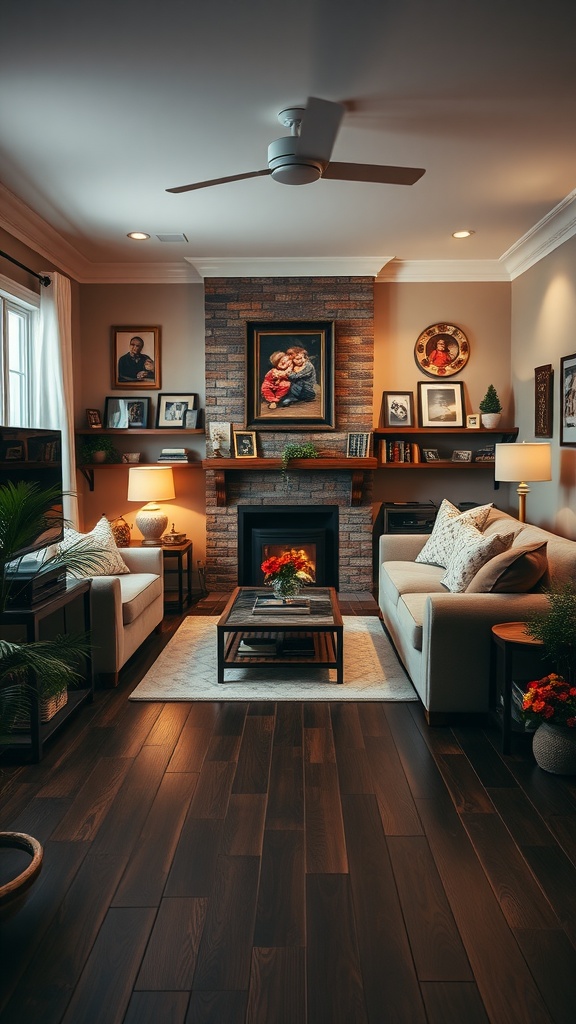 Cozy living room with dark wood floors, light sofas, and a brick fireplace.