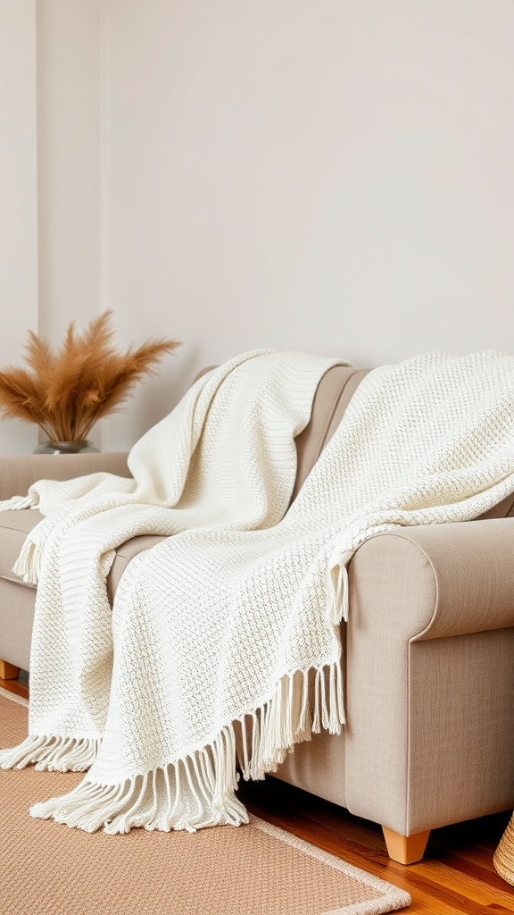 Cozy beige and white throw blankets draped over a couch