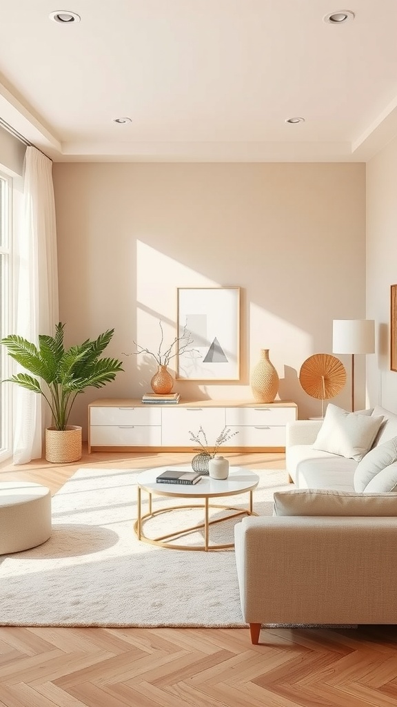 A warm beige living room featuring a white sofa, round coffee table, green plant, and bright natural light.