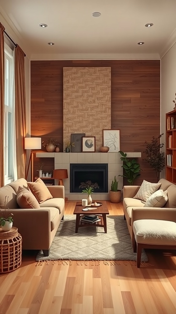 Cozy living room with warm brown wooden walls, light sofas, and bright lighting