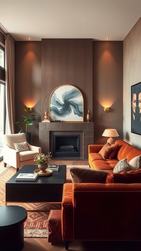 A cozy living room with warm brown tones and metallic accents featuring an orange velvet sofa, abstract artwork, and a fireplace.