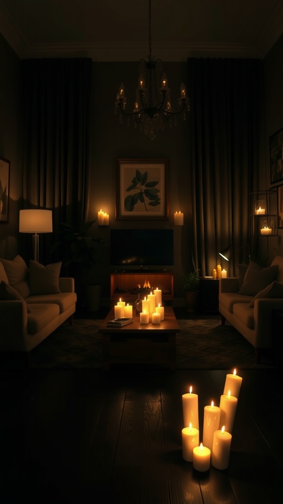 A cozy living room with candles casting a warm glow, featuring dark walls and a black floor.