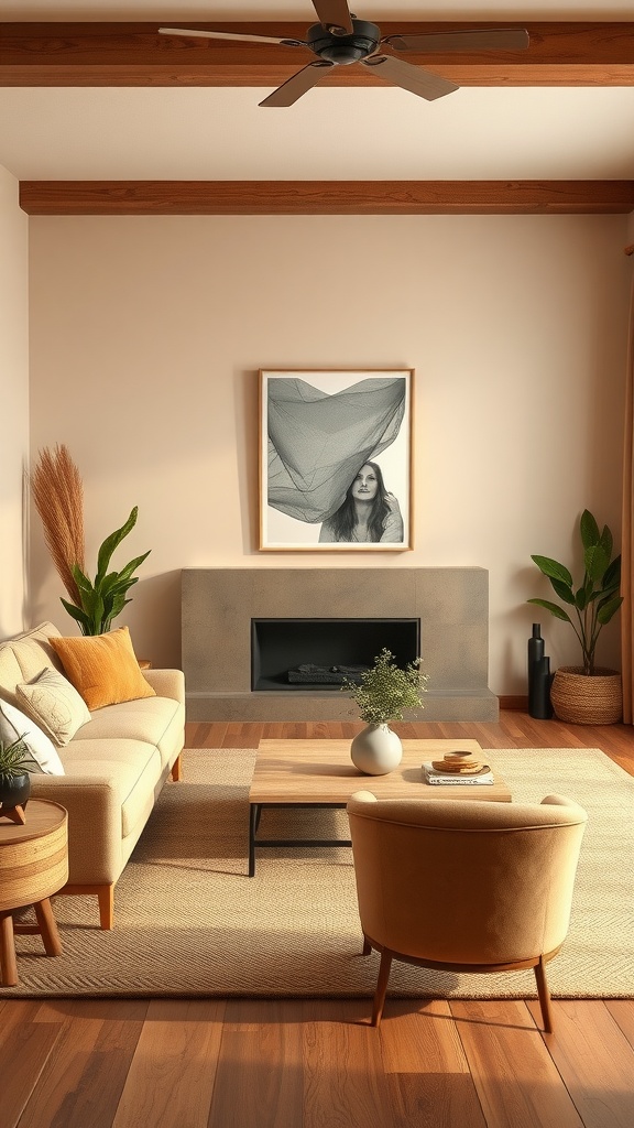 A cozy boho industrial living room featuring warm colors, a beige sofa with mustard pillows, plants, and a stone fireplace.