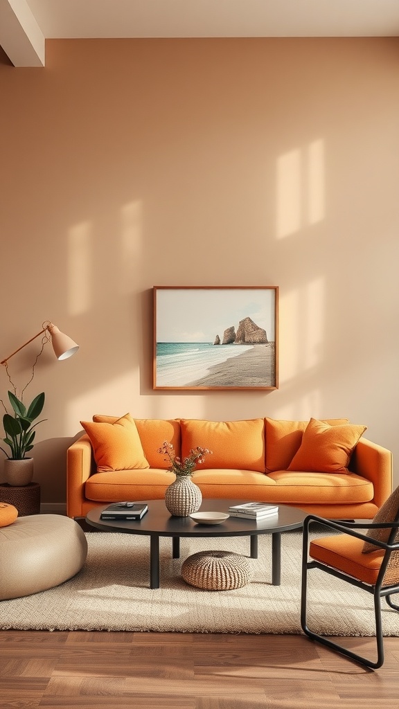 Cozy living room with warm color palette featuring an orange sofa, peach walls, and natural lighting.