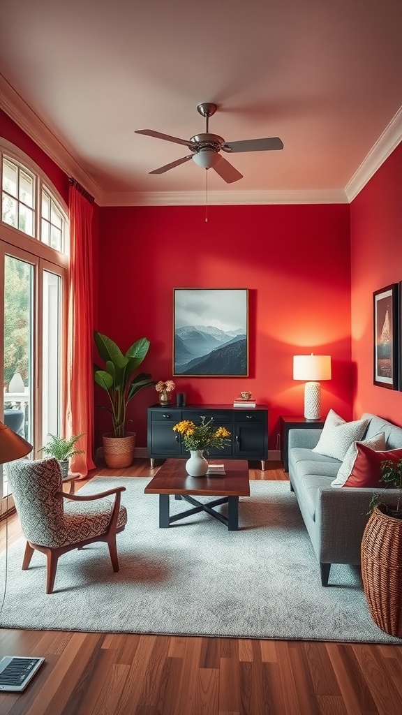 A cozy living room painted in warm coral, featuring a gray sofa, patterned armchair, and plants.