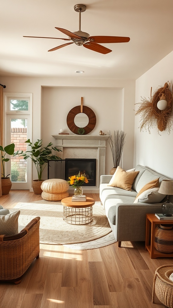 A cozy living room featuring warm earth tones, a comfortable sofa, wicker chairs, and natural elements.