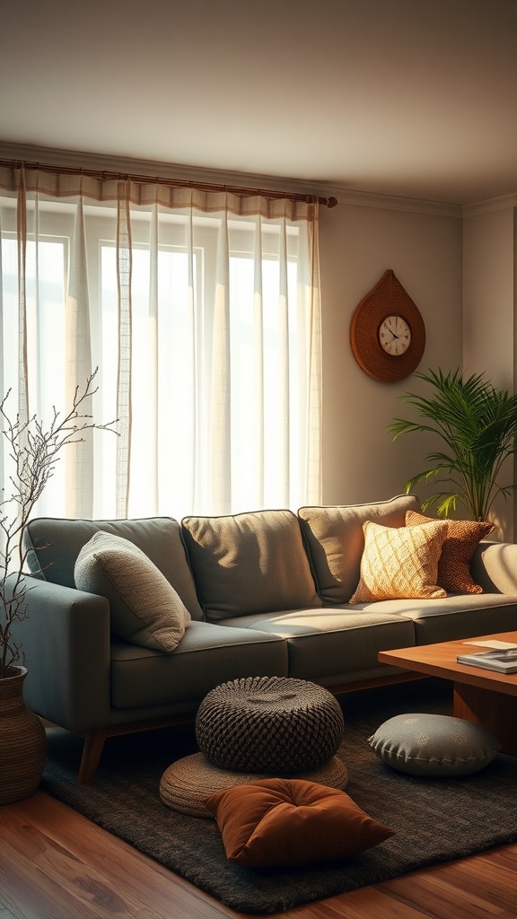 A cozy living room with a grey couch, warm earth tone cushions, and natural decor elements.