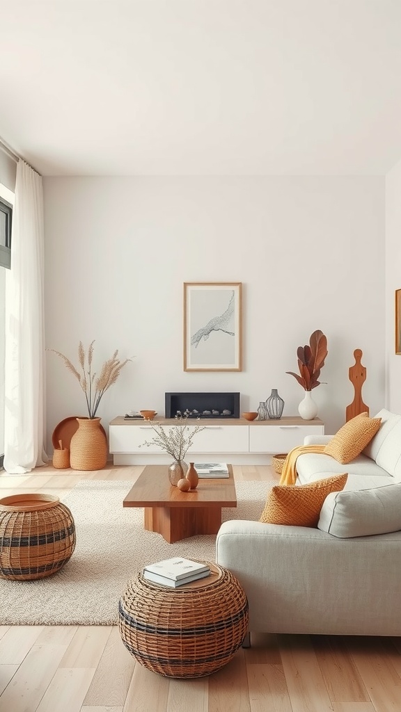 A light and airy living room featuring warm earthy accents with a grey sofa, wooden coffee table, woven baskets, and orange cushions.