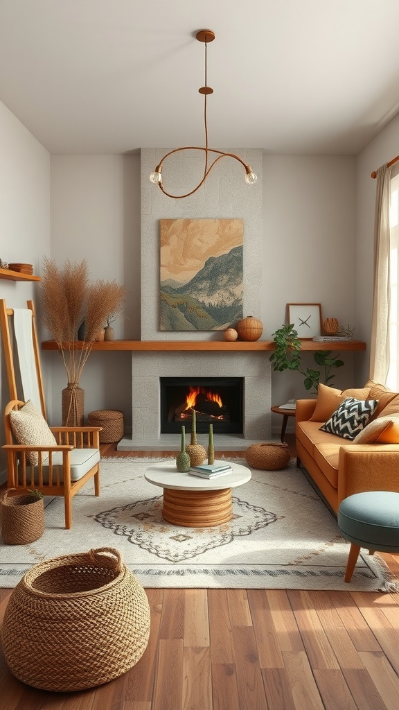 A cozy living room featuring warm earthy tones, an orange sofa, a fireplace, and natural decor elements.